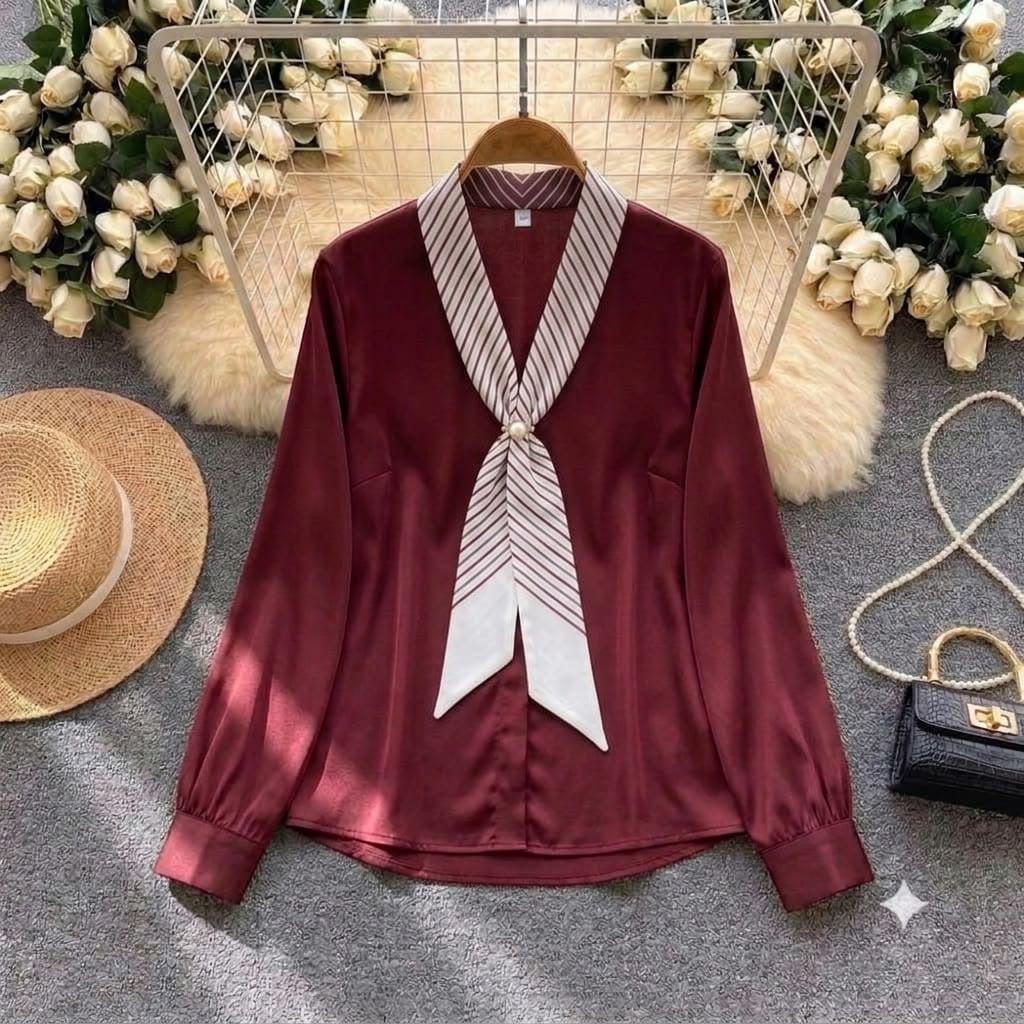 Celine Tie-Neck Chiffon Blouse in burgundy with striped bow collar