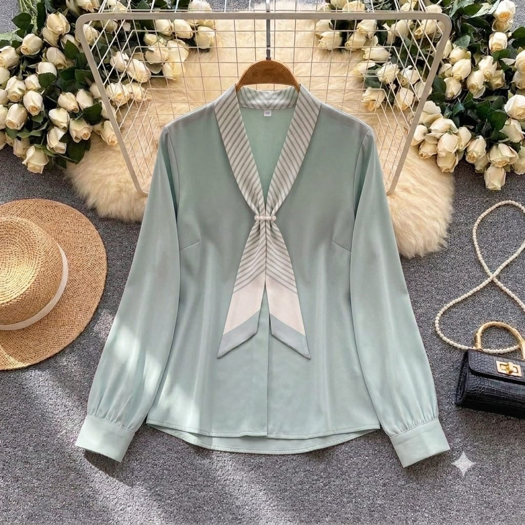 Celine Tie-Neck Chiffon Blouse in sage green with striped bow collar