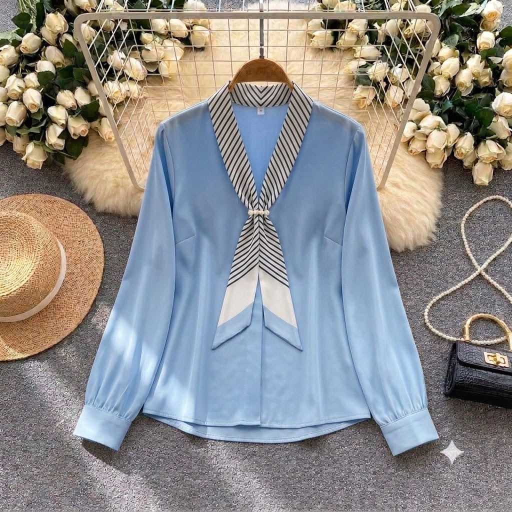 Celine Tie-Neck Chiffon Blouse in sky blue with striped bow collar