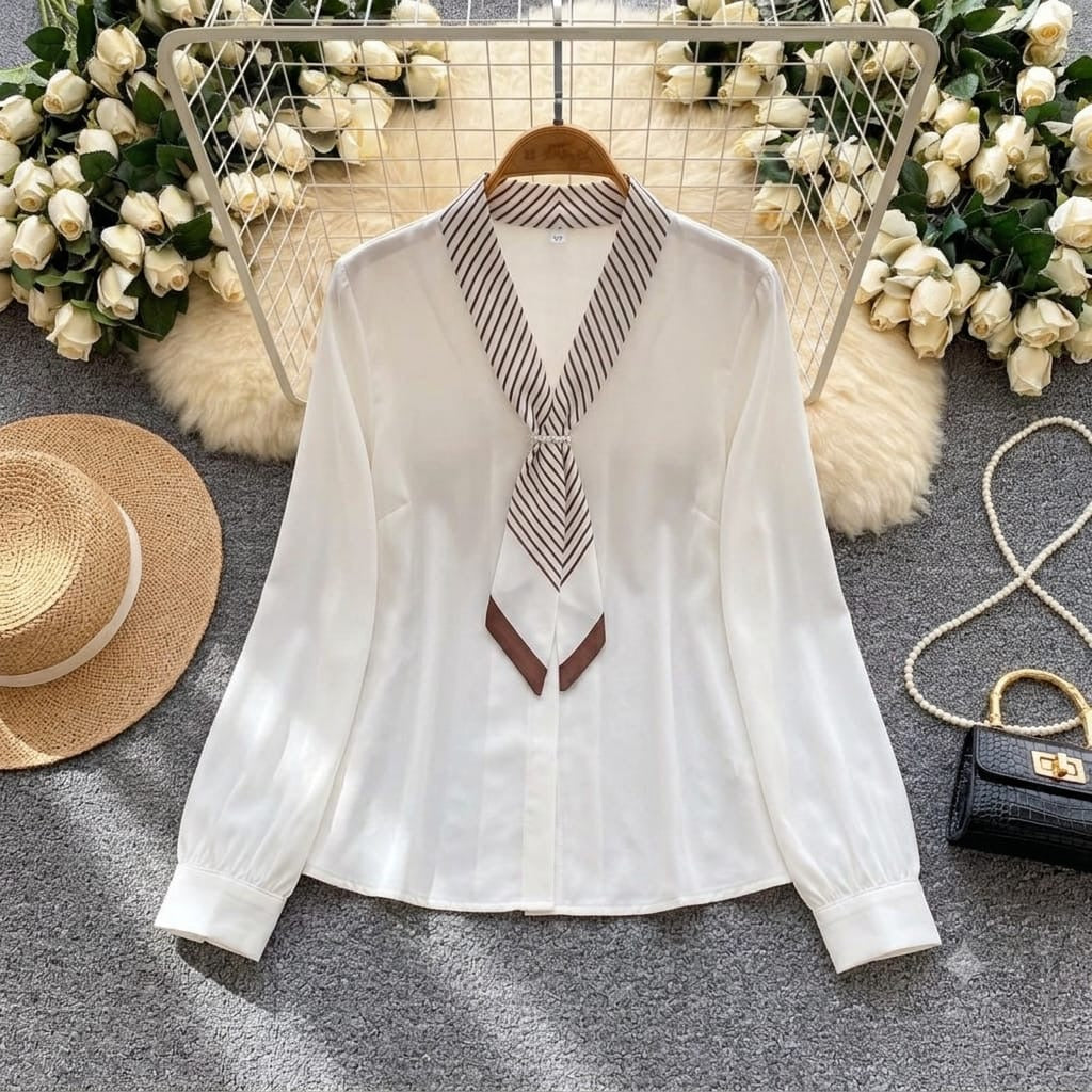 Celine Tie-Neck Chiffon Blouse in white with striped bow collar