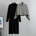 Black high-neck knit dress with matching black and white chevron shawl and gold buttons