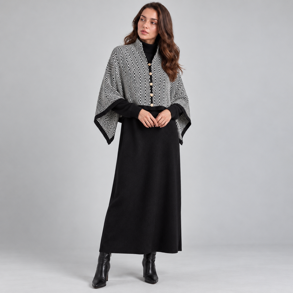 Model wearing a black knit dress with a black and white chevron shawl