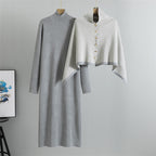 Grey knit dress with matching grey and ivory chevron shawl