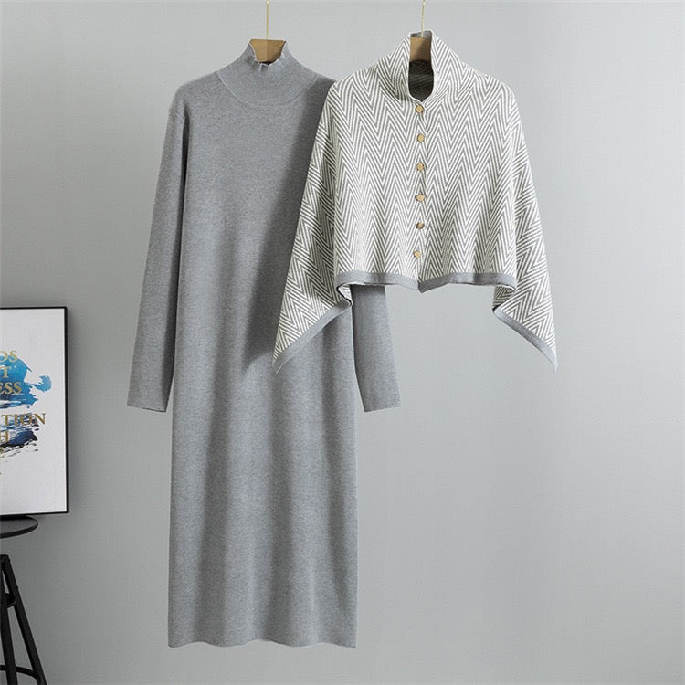 Grey knit dress with matching grey and ivory chevron shawl