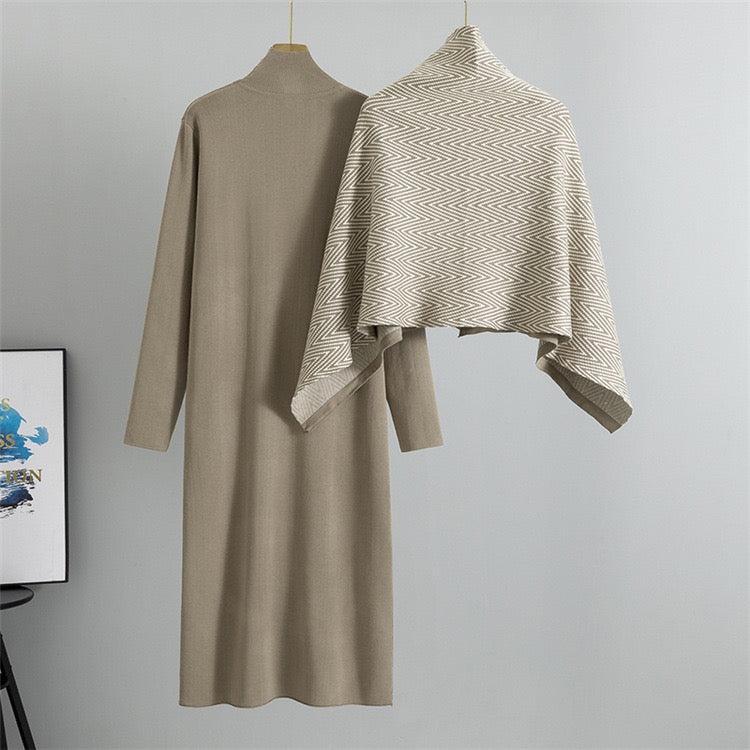Back view of taupe knit dress and matching geometric chevron shawl