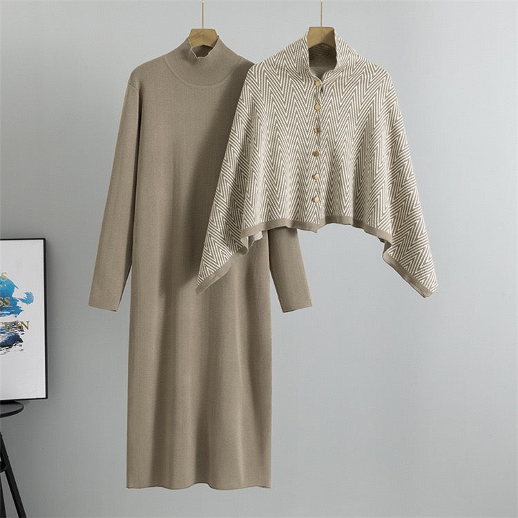 Taupe knit dress with matching beige chevron shawl and decorative buttons