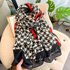 Classic houndstooth viscose cotton stole with red stripe border draped elegantly - black white scarf for women
