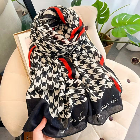 Classic houndstooth viscose cotton stole with red stripe border draped elegantly - black white scarf for women
