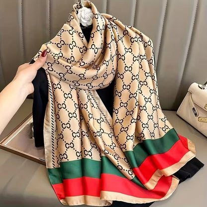 Classic monogram printed satin silk stole with red green statement border