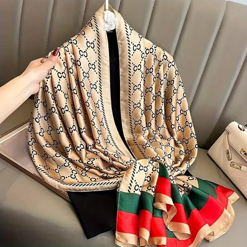 Classic Monogram Printed Silk Stole draped showing full beige monogram print with designer red and green statement border on premium imitation satin silk
