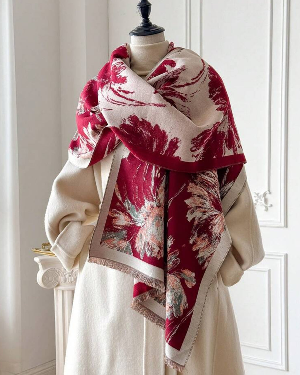 Crimson Dahlia Floral Cashmere-Blend Wrap showing rich claret and cream jacquard woven dahlia floral pattern on soft faux cashmere fabric
