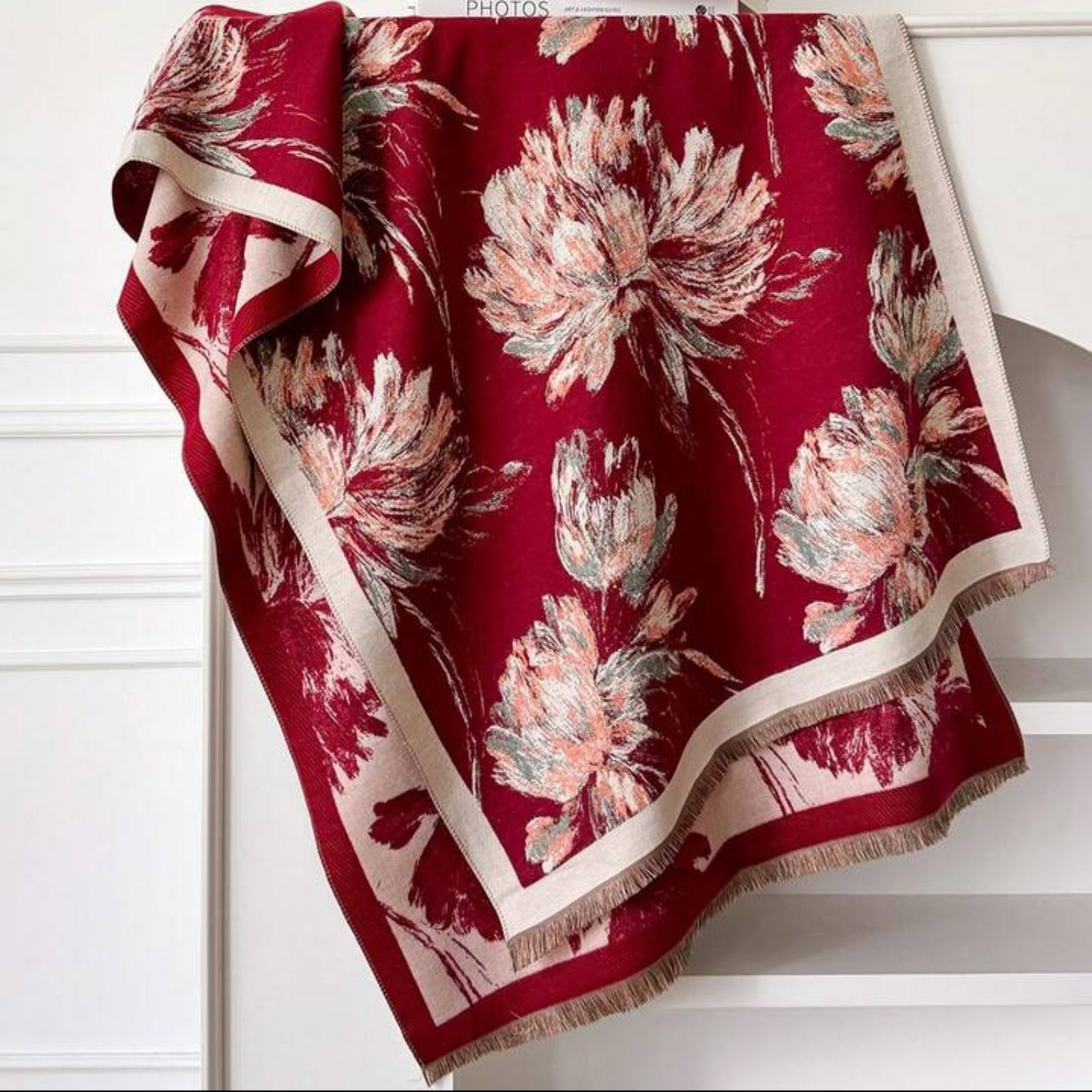 Crimson Dahlia Floral Cashmere-Blend Wrap laid flat showing full claret and cream jacquard woven dahlia floral botanical pattern
