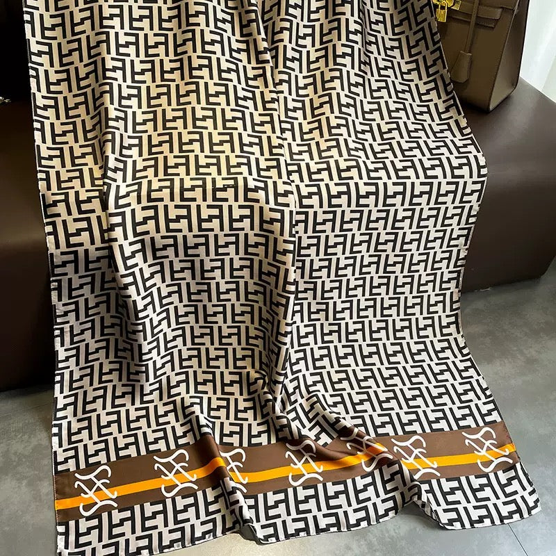 Full length view of designer geometric logo print scarf - 180x90 cm luxury imitation silk stole