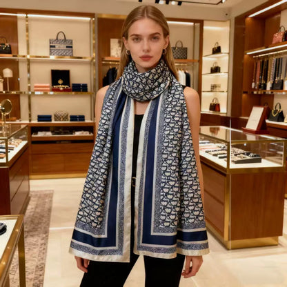 Navy blue designer logo print stole draped - imitation silk scarf with striped border