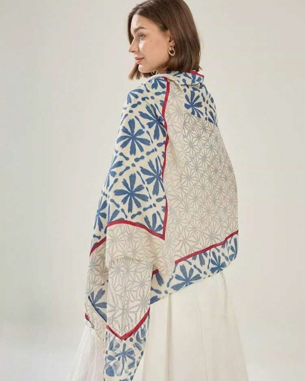 Elyria Indigo Bloom Stole back view showing floral print detail