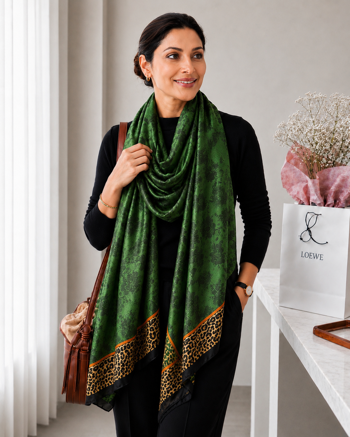 Woman wearing an emerald green imitation silk stole with an elegant floral jacquard pattern and bold leopard print border, styled over a black outfit.