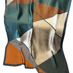 Full view of the Emerald Rust Geometric Silk Stole featuring emerald green, rust orange, beige, and geometric block patterns.