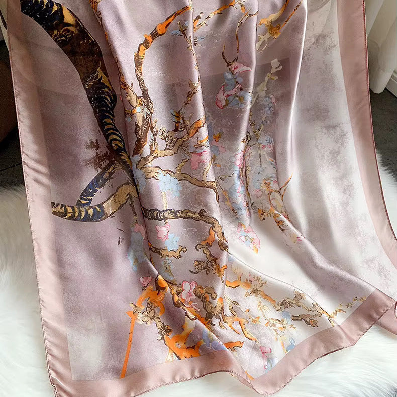 The Enchanted Blossom Silk Stole draped and styled showing full romantic blossom print on luminous imitation satin silk
