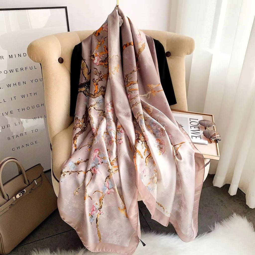 The Enchanted Blossom Silk Stole showing romantic delicate blossom floral print on smooth imitation silk fabric in 180x90cm format
