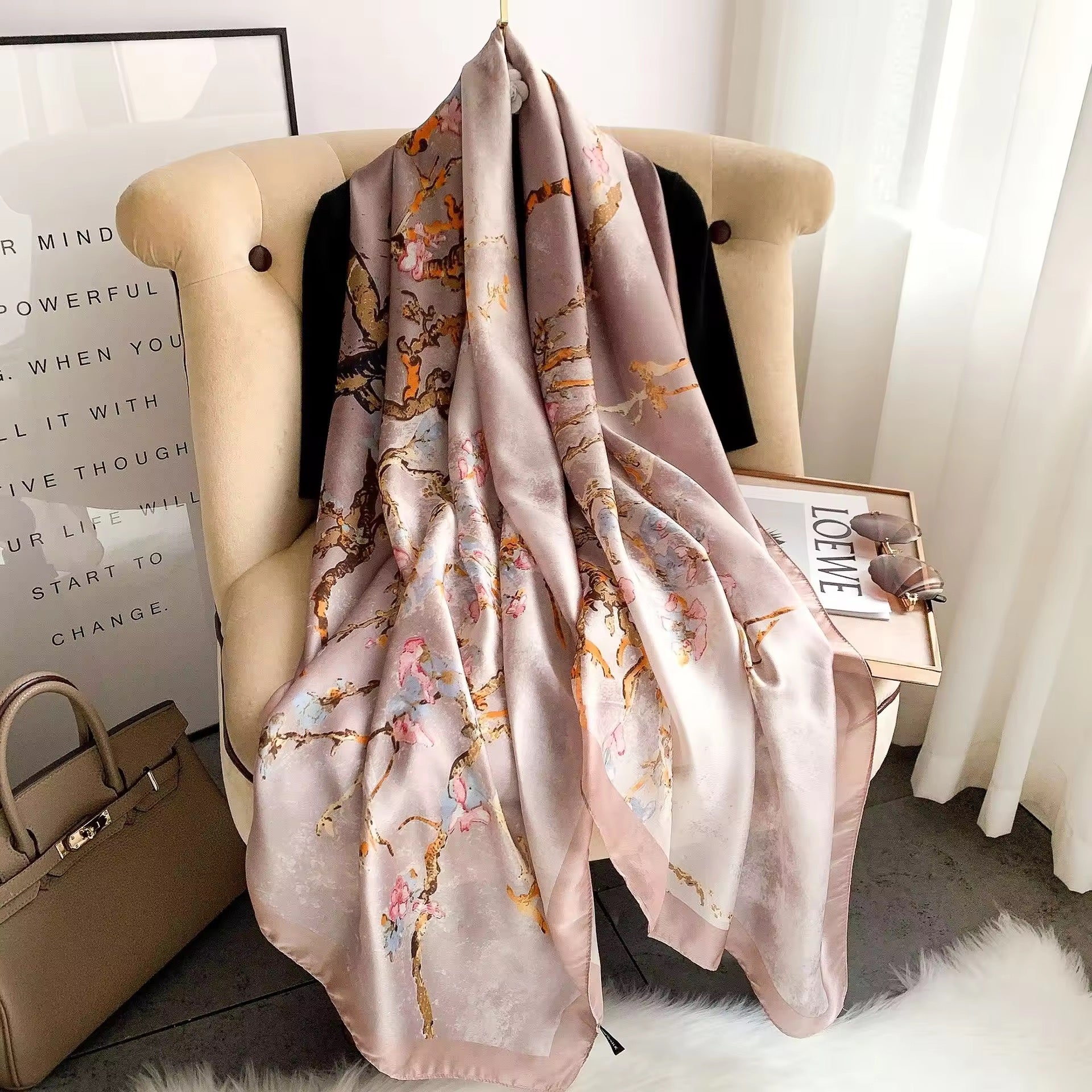 The Enchanted Blossom Silk Stole showing romantic delicate blossom floral print on smooth imitation silk fabric in 180x90cm format
