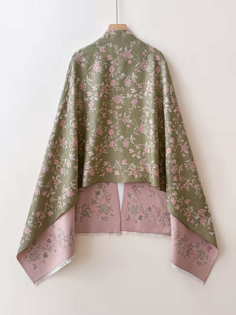 Back view of Enchanted Rose Two-Tone Fringed Wrap showing full sage green rose floral jacquard pattern with cream fringe hem
