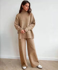 Camel premium knit co-ord set with relaxed turtleneck sweater and wide-leg pants