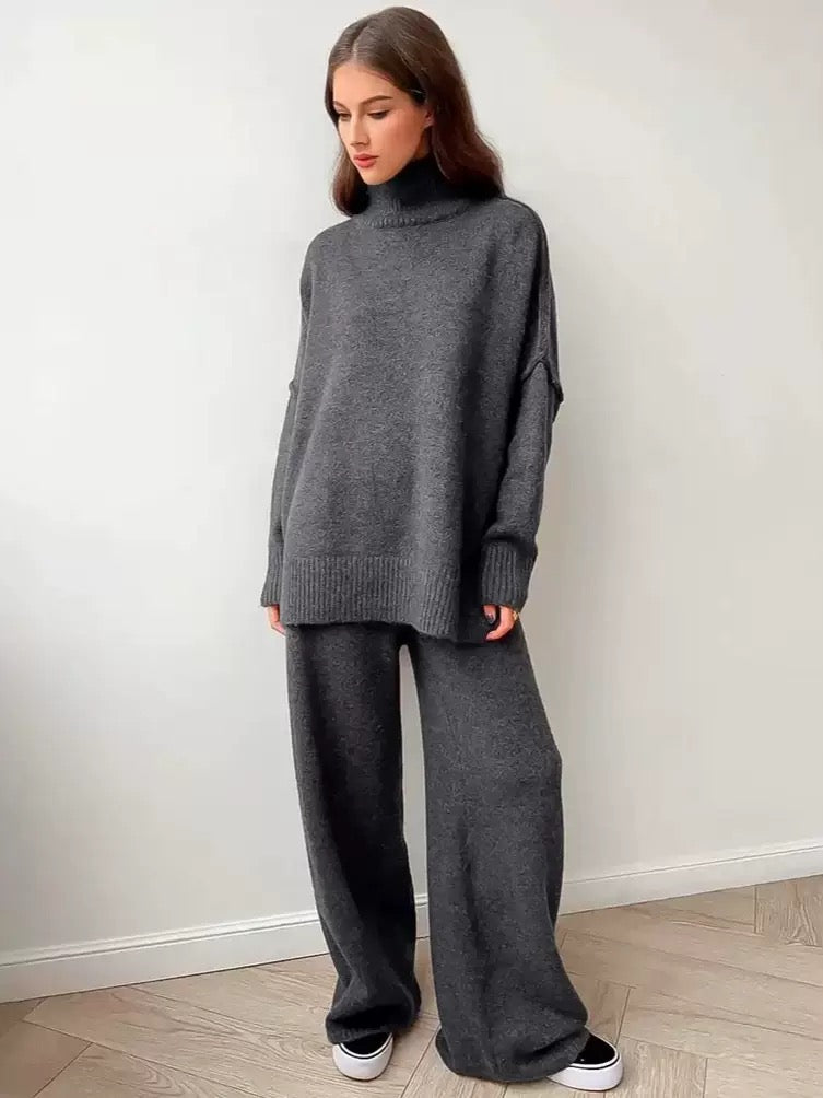 Charcoal premium knit co-ord set with relaxed turtleneck sweater and wide-leg pants
