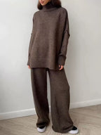 Chocolate brown premium knit co-ord set with relaxed sweater and wide-leg pants