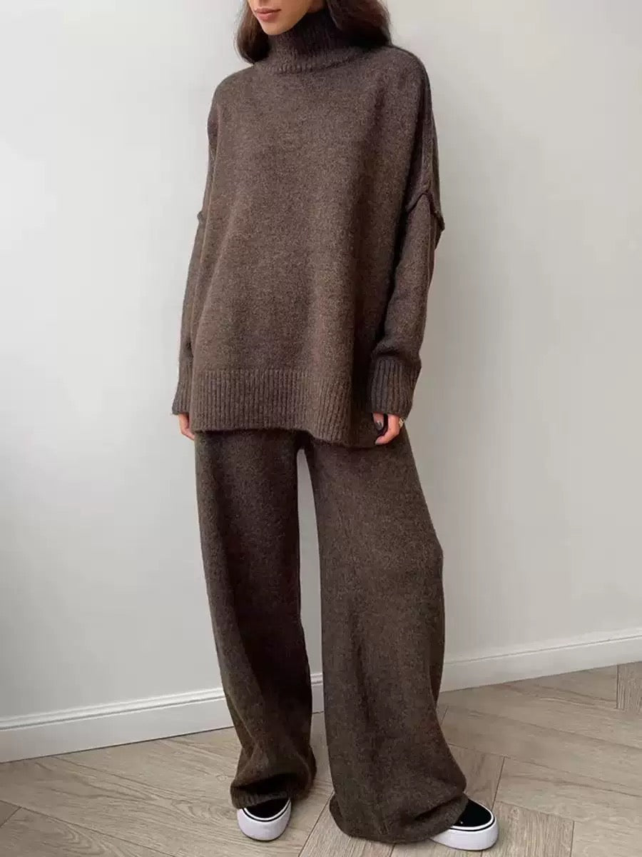 Chocolate brown premium knit co-ord set with relaxed sweater and wide-leg pants