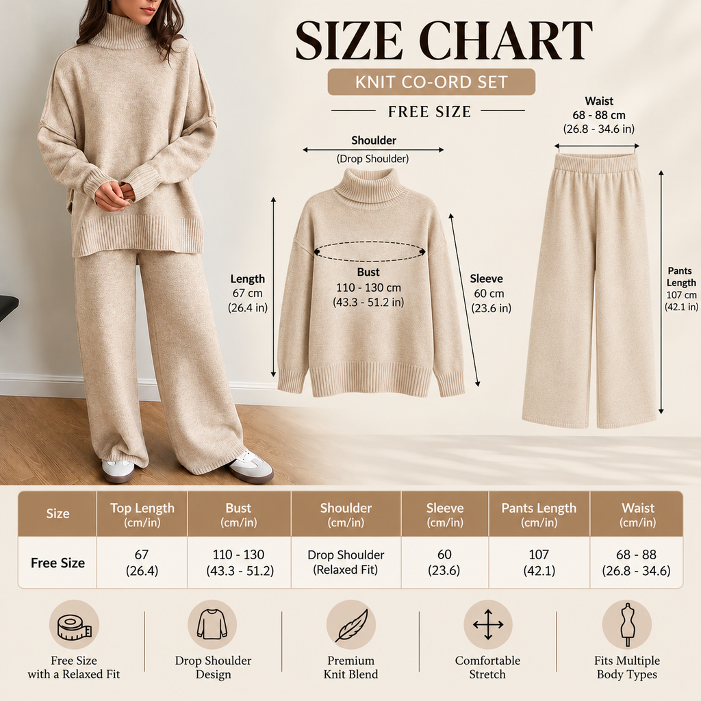Free-size knit co-ord set size chart with bust, waist and garment measurements