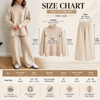 Free-size knit co-ord set size chart with bust, waist and garment measurements
