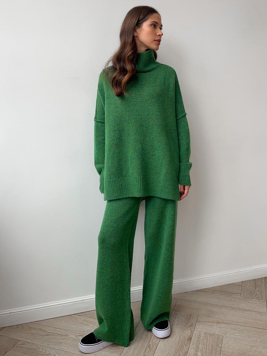 Green premium knit co-ord set with relaxed turtleneck sweater and wide-leg pants