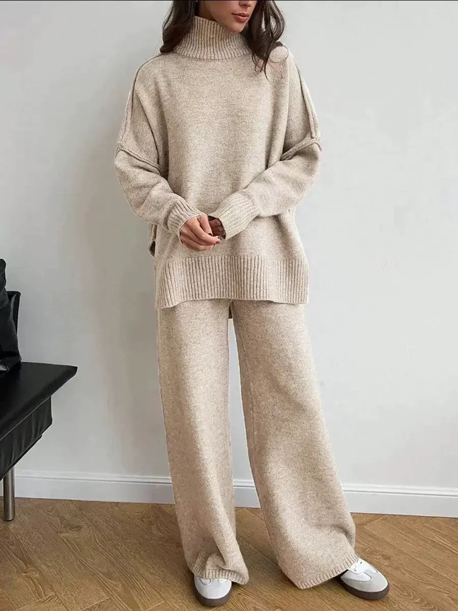 Ivory premium knit co-ord set with relaxed turtleneck sweater and wide-leg pants