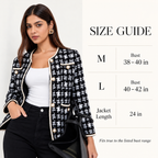 Étoile Tweed Knit Cardigan size chart showing M and L bust measurements and 24-inch cardigan length.