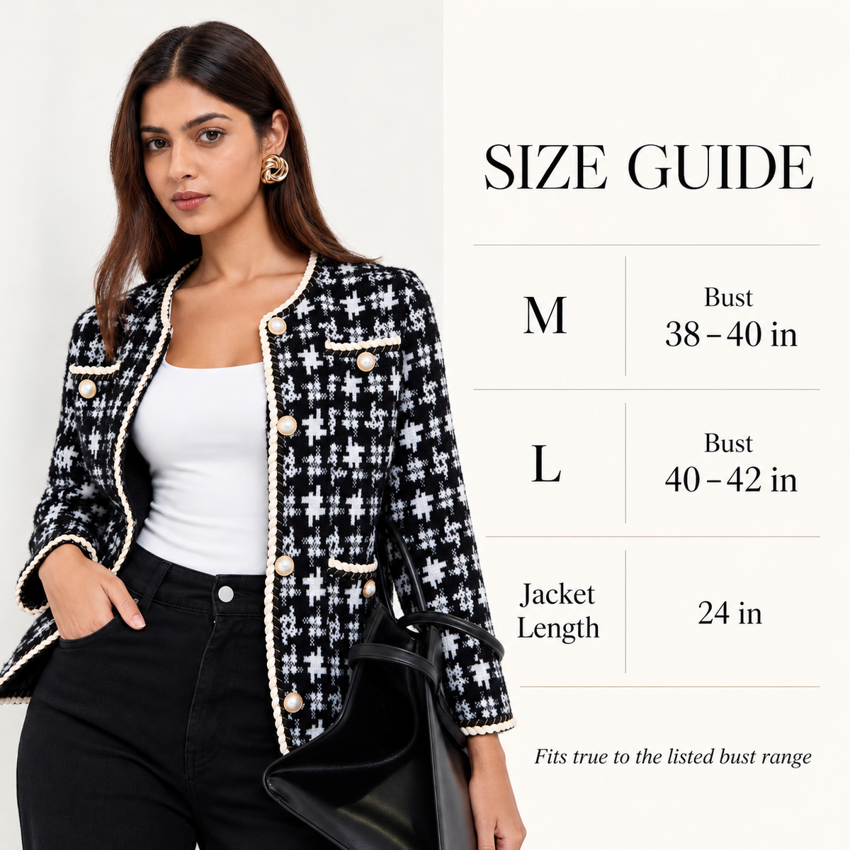 Étoile Tweed Knit Cardigan size chart showing M and L bust measurements and 24-inch cardigan length.