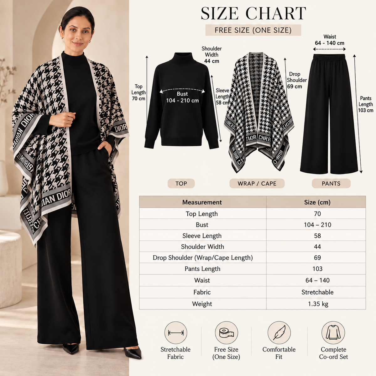 Free size women’s knit co-ord set size chart with top, wrap and pants measurements