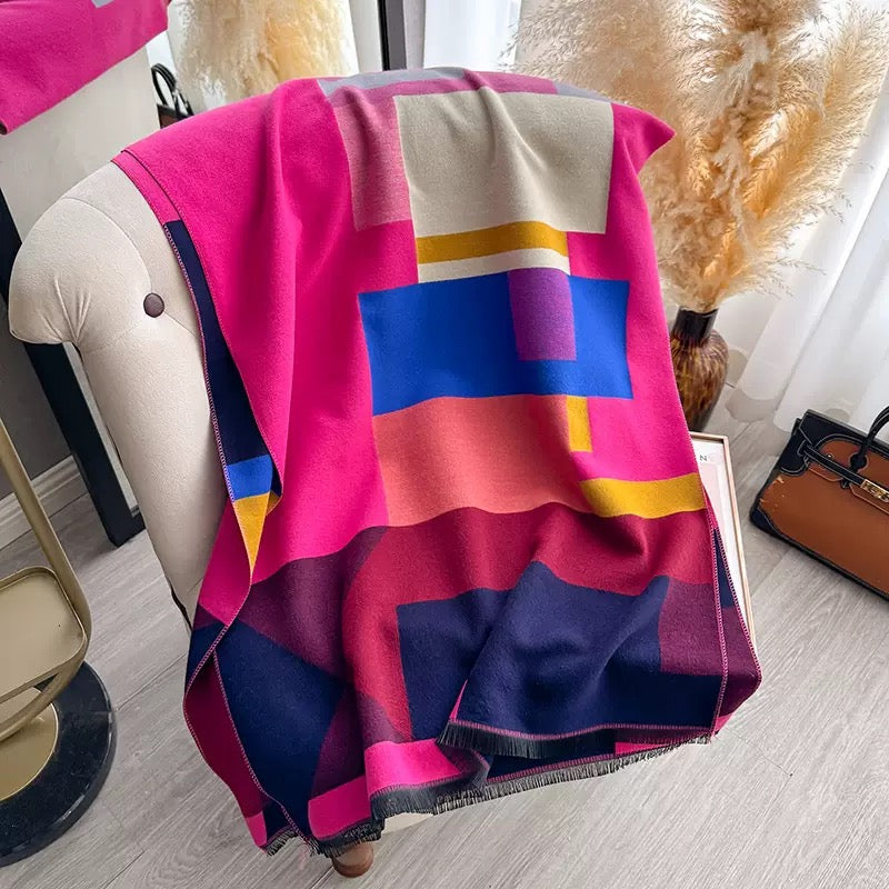 The Fuchsia Mosaic Cashmere Wrap draped and styled showing full vivid fuchsia mosaic geometric pattern on premium faux cashmere
