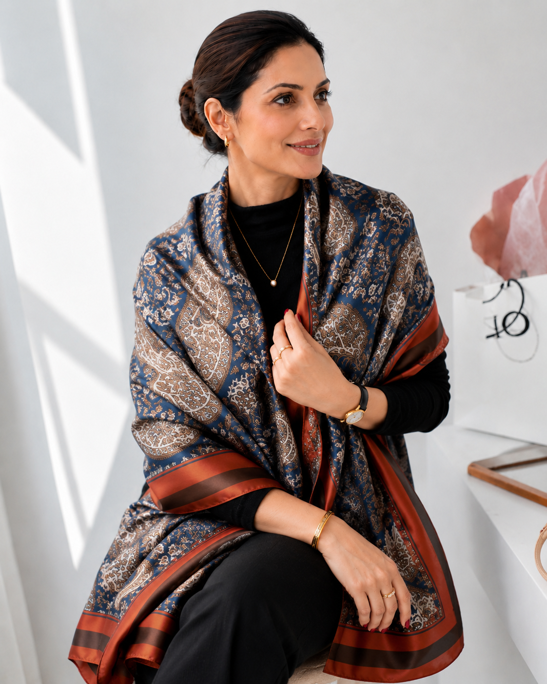 Woman wearing Gia Luxurious Paisley Print Silk Scarf in navy blue and rust with an elegant front drape styling.