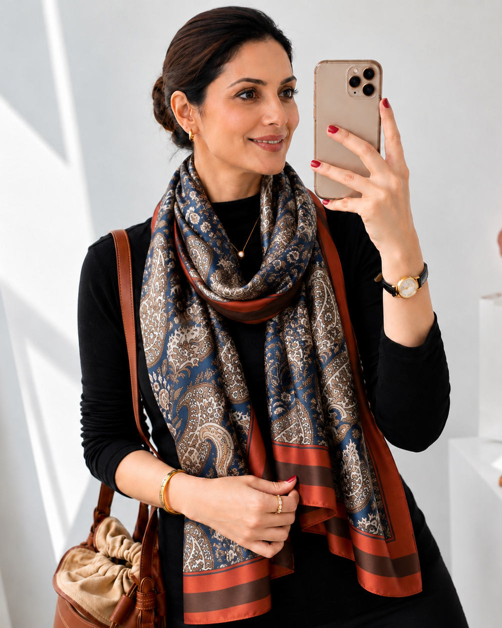 Gia Luxurious Paisley Print Silk Scarf styled as a sophisticated shawl featuring navy paisley print and rust satin border.