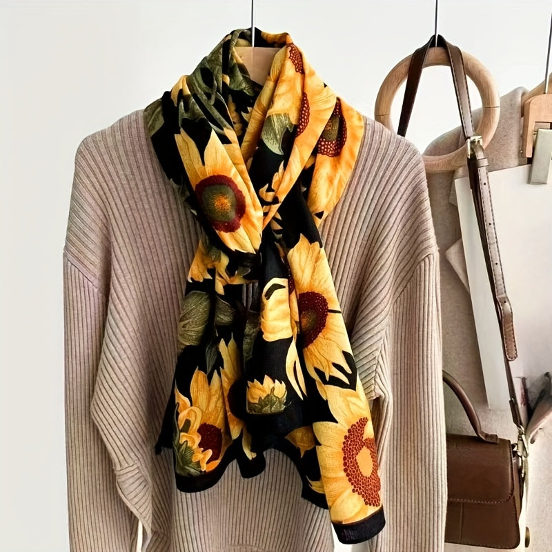 Giza Sunflower Print Viscose Cotton Scarf in alternate view showing sunflower bloom detail and smooth viscose cotton fabric texture on black ground
