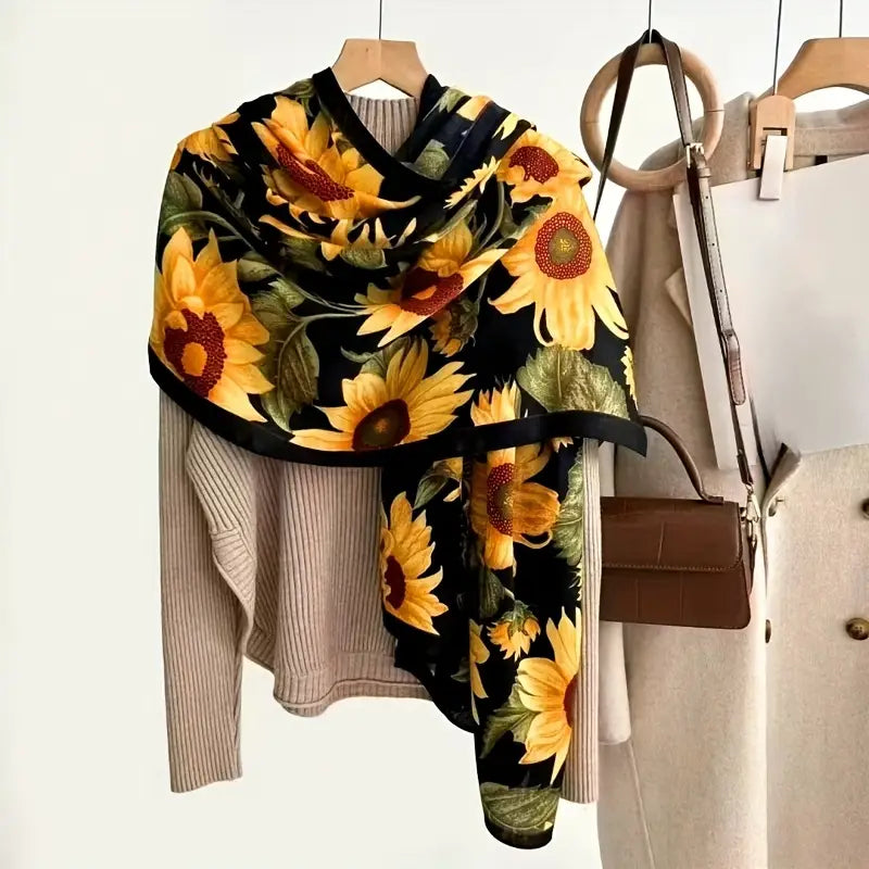 Giza Sunflower Print Viscose Cotton Scarf showing bold yellow and orange sunflower blooms on sophisticated black background in 180x90cm format
