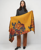 Golden Atelier Vintage Floral Faux Cashmere Wrap in alternate drape showing warm golden mustard vintage floral print from a different styling angle
