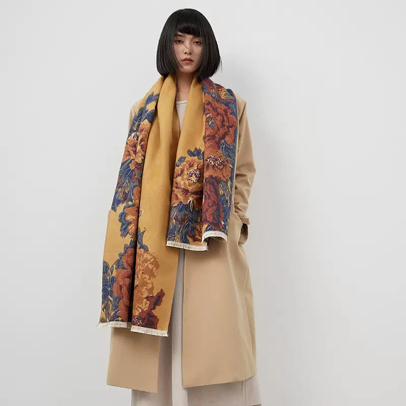 Golden Atelier Vintage Floral Faux Cashmere Wrap close-up showing detail of rich golden mustard vintage floral botanical composition on faux cashmere
