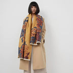 Golden Atelier Vintage Floral Faux Cashmere Wrap close-up showing detail of rich golden mustard vintage floral botanical composition on faux cashmere
