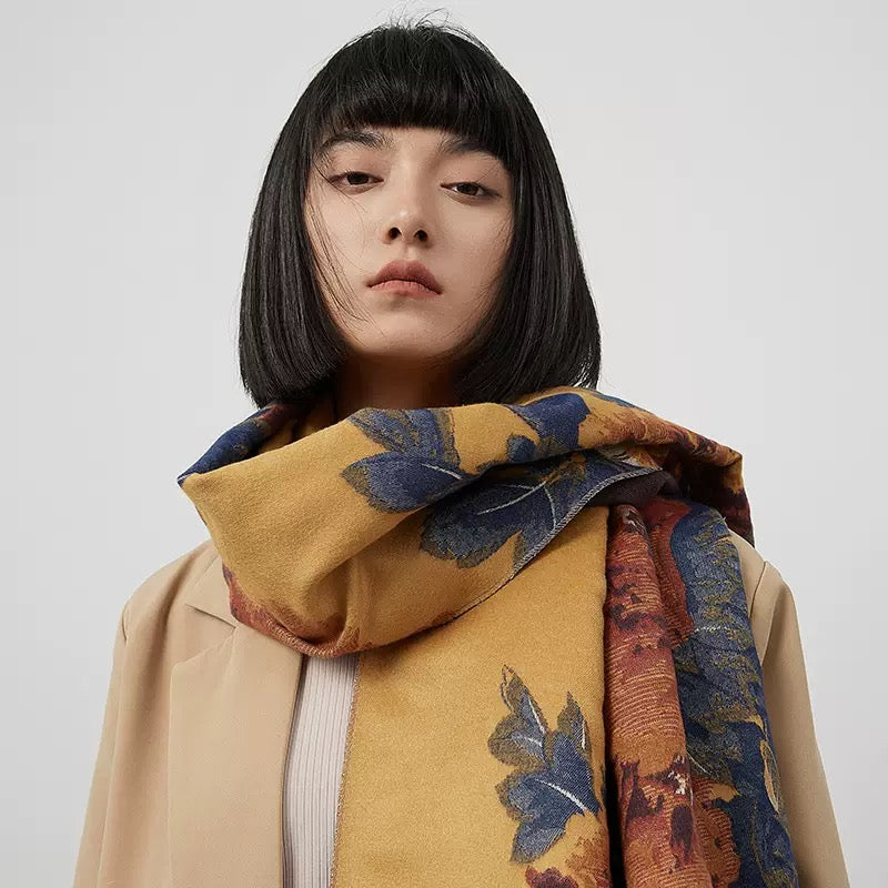 Golden Atelier Vintage Floral Faux Cashmere Wrap showing soft faux cashmere fabric texture with bold vintage oil-painting inspired golden mustard floral print detail

