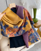 Golden Atelier Vintage Floral Faux Cashmere Wrap draped showing full vintage botanical floral composition in golden mustard amber and ochre tones
