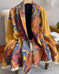 Golden Atelier Vintage Floral Faux Cashmere Wrap showing bold large-scale oil-painting inspired floral print in rich golden mustard tones on soft faux cashmere
