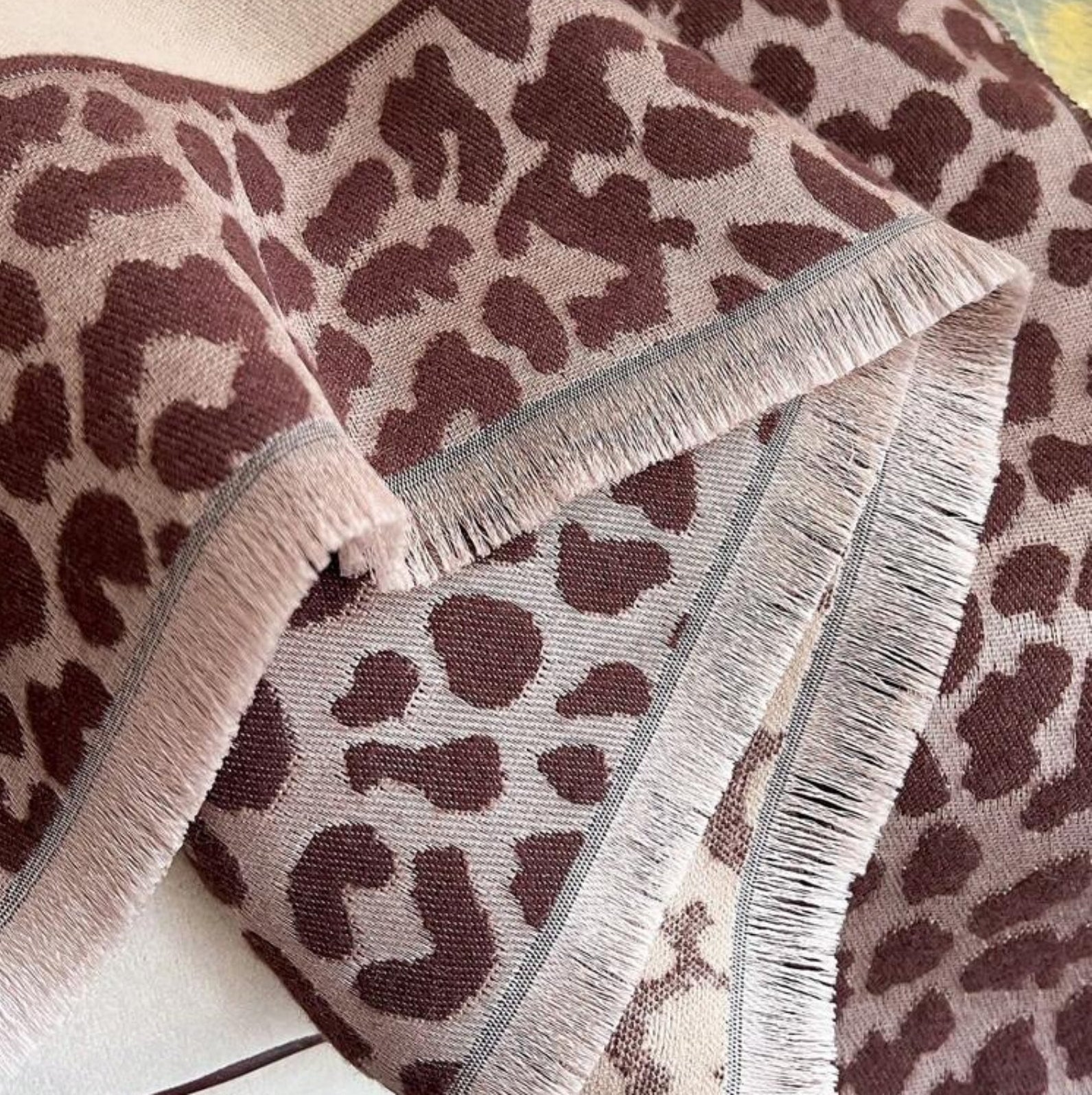 Hazelnut Leopard Trim Wrap edges fringed 