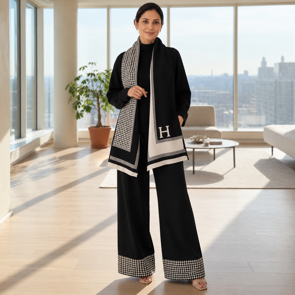 Woman wearing black houndstooth knit co-ord set with statement shawl