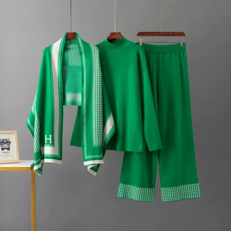 Green knit top and wide-leg pants with matching houndstooth shawl